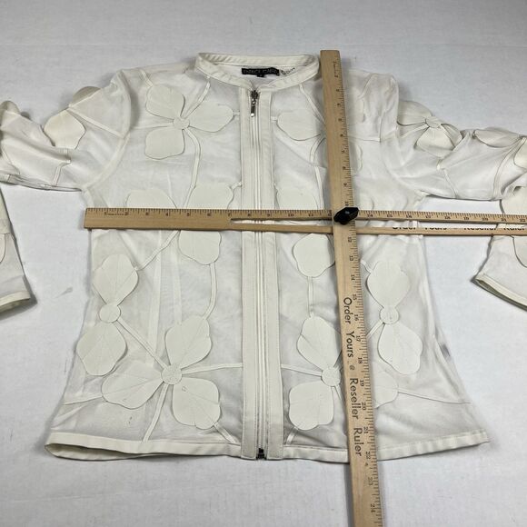 Dolce Cabo Ivory Mesh Floral Appliqué Zip Blouse Jacket Womens Small Sheer FLAW - Picture 4 of 12